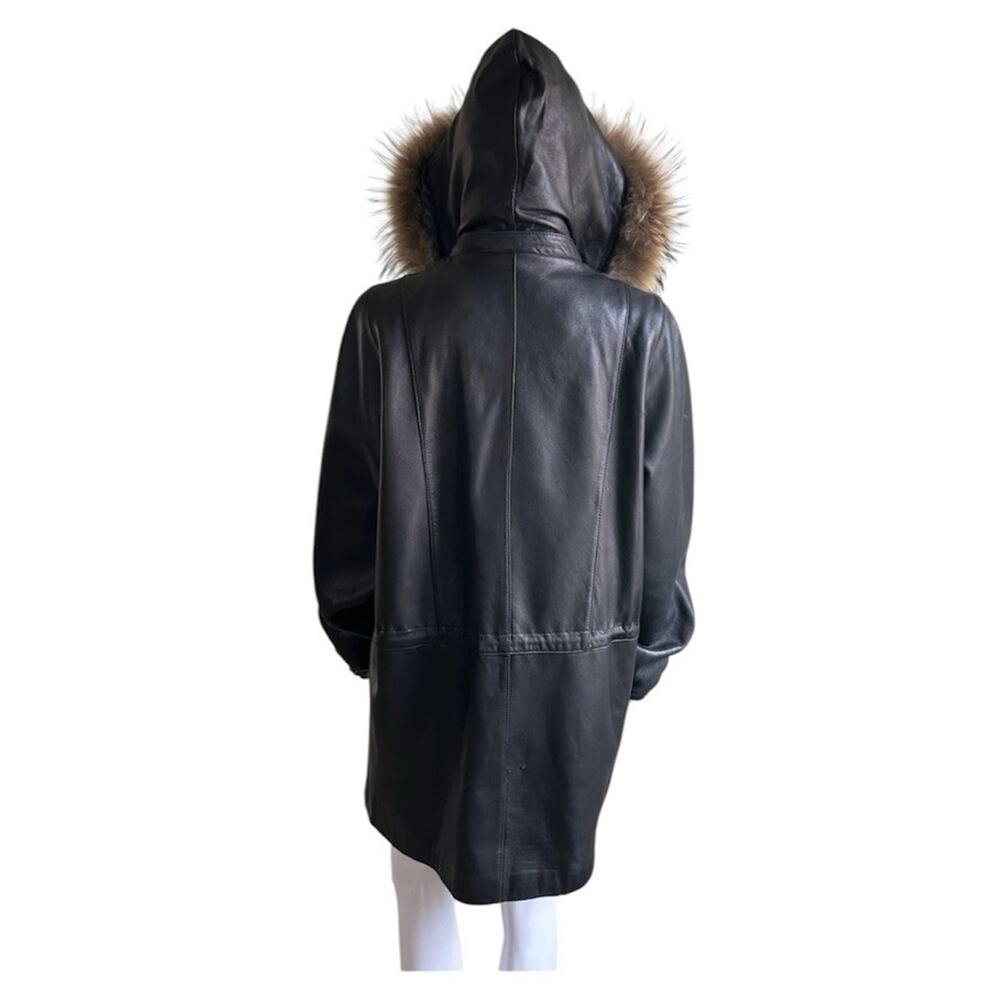 Vintage Worthington Lambskin Leather Parka Women M Raccoon Fur Hood Black Y2K - Picture 2 of 16